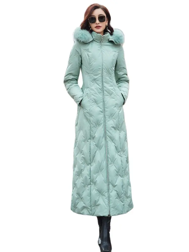 

2021 New Winter Fruit Green Fur Stand Collar Women's Long Waist Hugging Hooded Coat White Duck Down Jacket