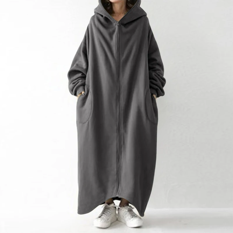 

2021 Winter Fleece Outwear Autumn Hooded Long Coat Women Zipper Hoodies Long Sleeve Jackets Sweatshirt Robe Oversized