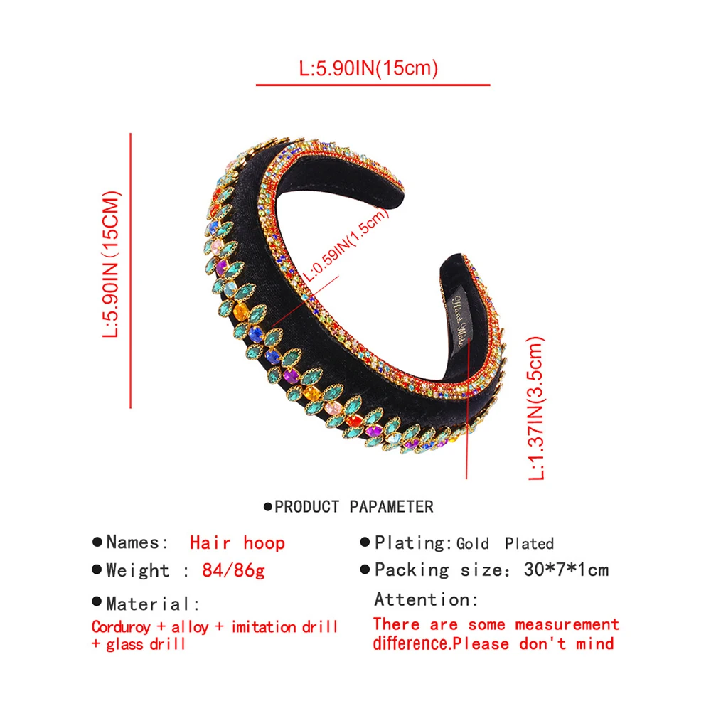 

Women Headband Wide Brim Retro Color Rhinestone Headband Handmade Head Hoop Baroque Thick Sponge Headband