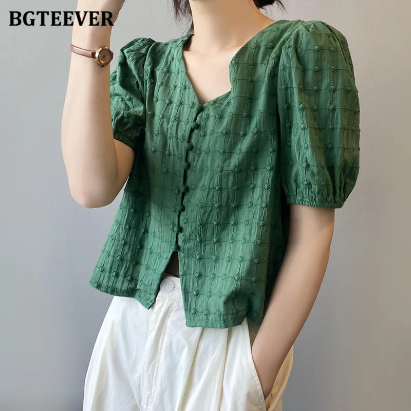 

BGTEEVER однобортные кофты Женские рубашки блузки 2021 Летние Женские однотонные топы с пышными рукавами свободные женский жакет, футболки с точ...