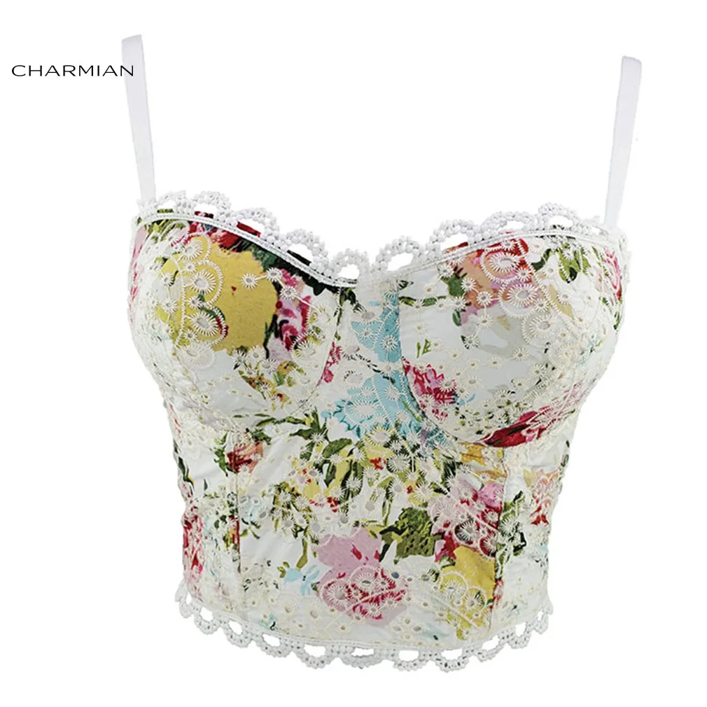 

Charmian Floral Print Sweet B Cup Spaghetti Strap Sexy Harajuku Bustier Bra Fashion Summer Daily Casual Clubwear Crop Tops