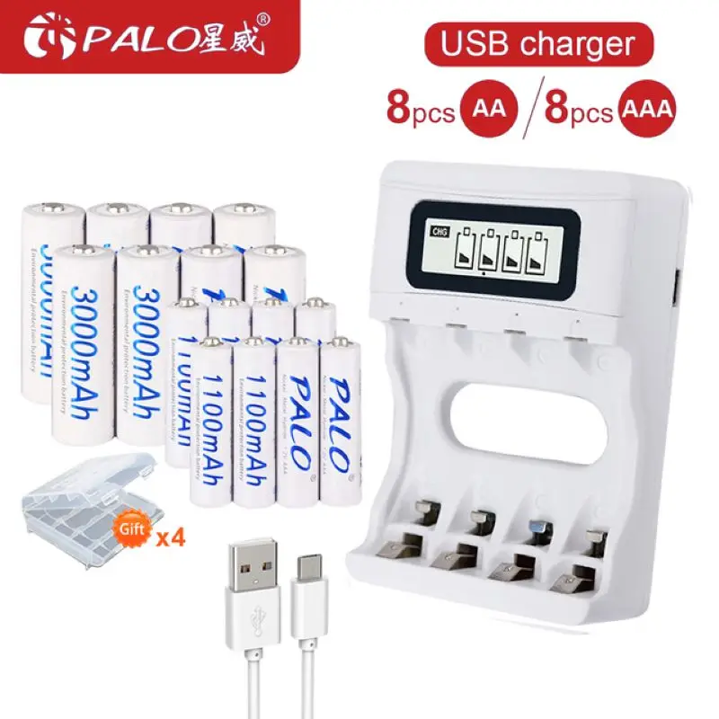 8 шт. аккумуляторные батарейки AA + 1 2 в AAA умное зарядное устройство USB для