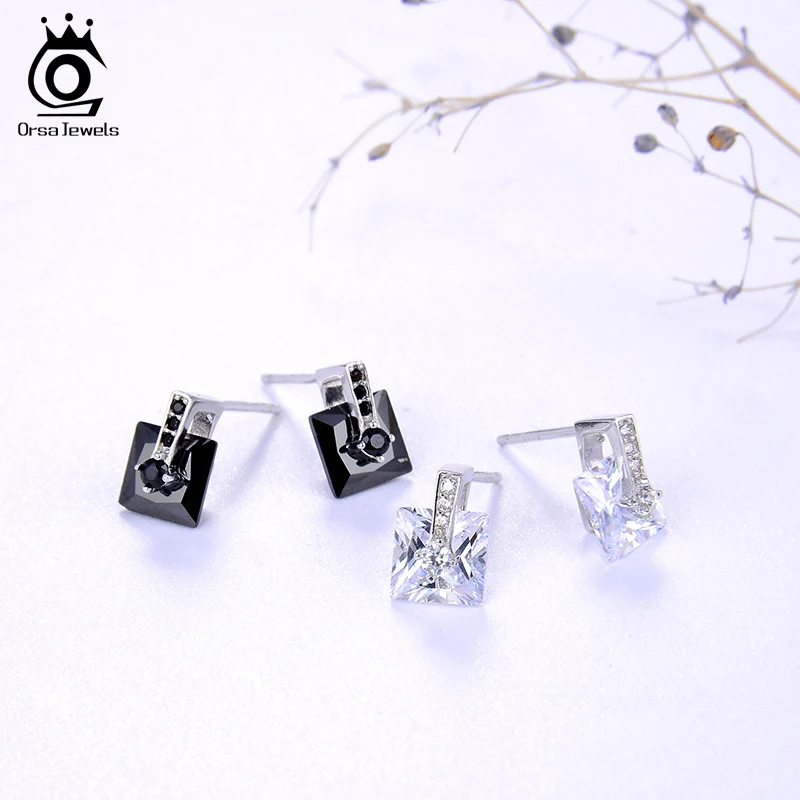 ORSA JEWELS Настоящее 925 пробы серебро слайд серьги-гвоздики в форме Для женщин блестящие AAAA фианит квадратной огранкой, черно-белая женская Праздничная обувь ювелирные изделия SE192