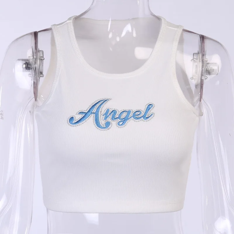 

Angel Letter Embroidery Ribbed Knit White Crop Top Sexy Fashion Women Tanks Sports Summer Clothes Female Hot