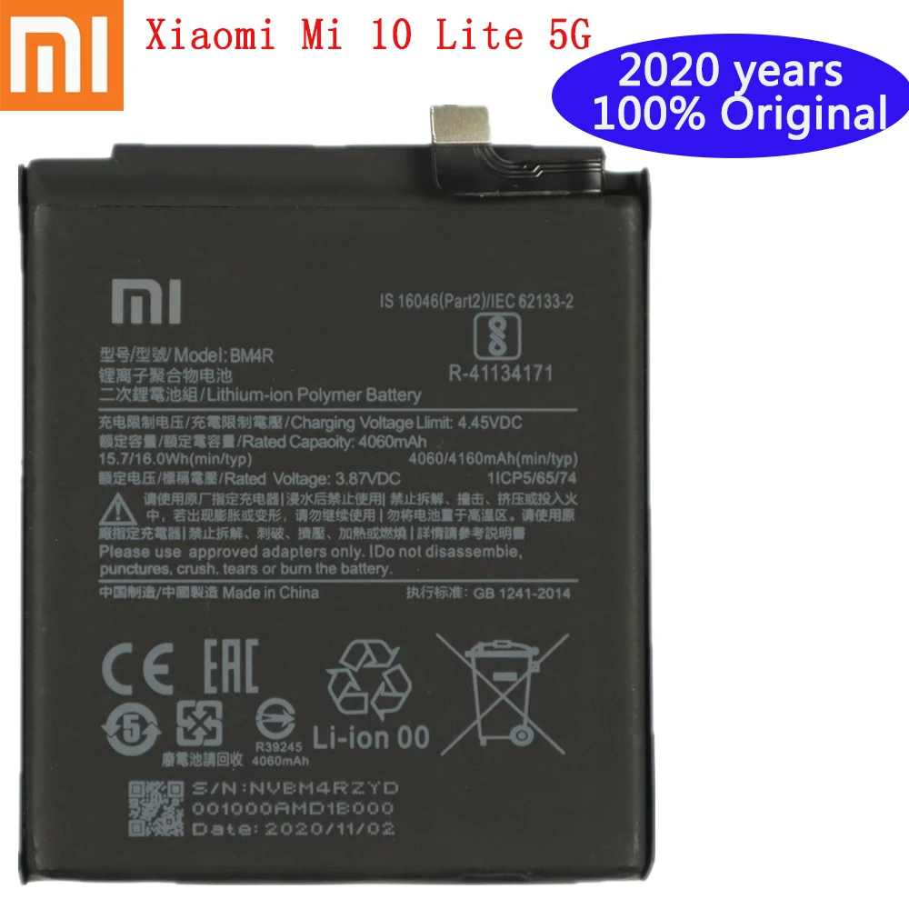 

4160 мА/ч, 2020 лет крепление для спортивной камеры Xiao Mi 100% оригинал BM4R батарея для Xiaomi Mi 10 Lite 5G BM4R натуральная Замена Аккумулятор для телефона