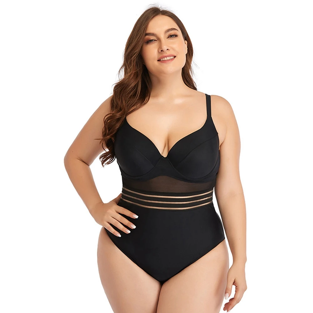 

Plus Size Women Mesh Deep V Neck Swimwear Sexy Swimsuit Ladies Backless Push Up One-Piece Suits