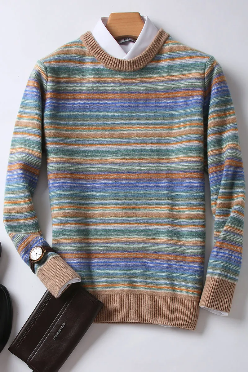 

Autumn and winter new cashmere sweater young men thickened sweater warm cashmere striped casual knit bottom