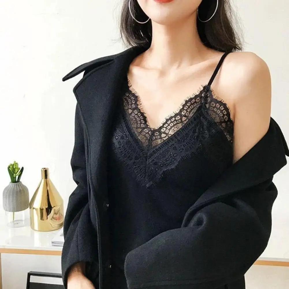 

Sexy Women Lace Brim Patchwork V Neck Sleeveless Camisole Top Vest Basic Blouse