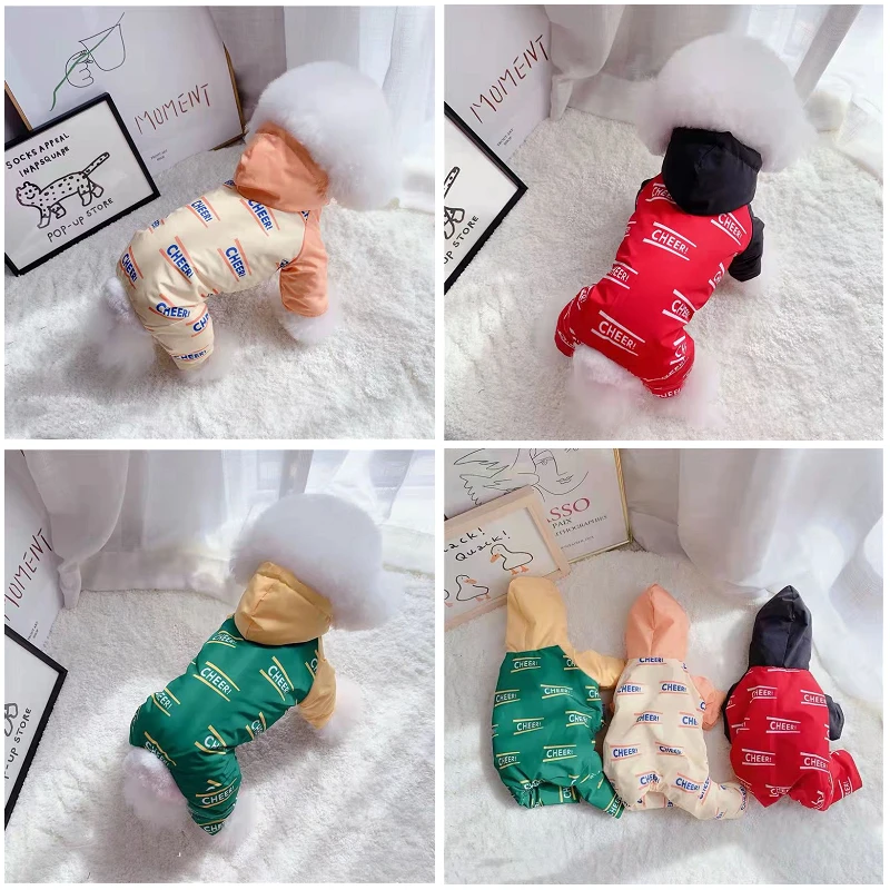 

Зимняя утепленная одежда для собак с хлопковой подкладкой, ватное пальто, куртка с капюшоном, дизайнерский комбинезон для кошек и собак, вод...