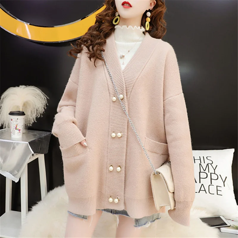 Корейский вязаный кардиган на пуговицах с жемчужинами женский осенне-зимний