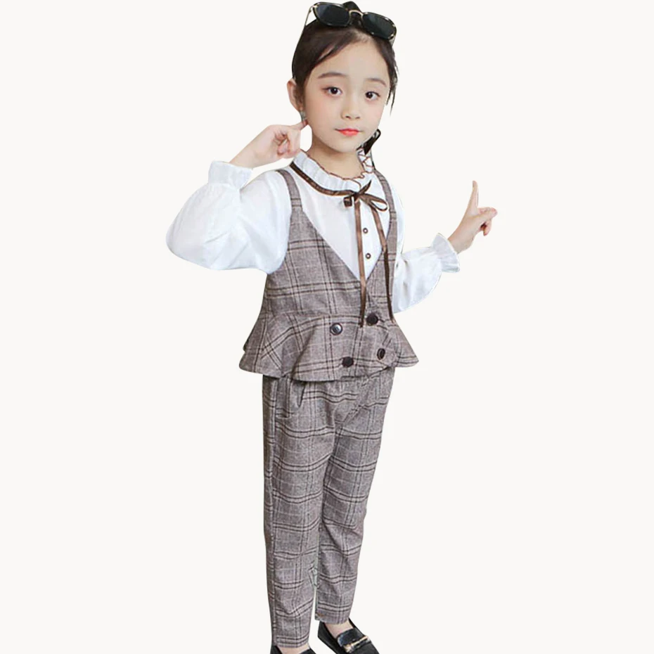 Детская одежда клетчатый жилет брюки и блузки костюмы для девочек вечерние