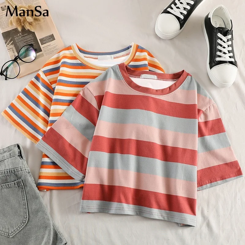 Корейские кавайные радужные полосатые футболки летние новые Графические