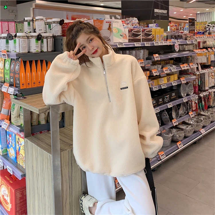

Harajuku Winter Hoodies Women New Imitation Lamb Velvet Plus Velvet Thick Sweatshirt Female Loose Student Jacket Chic Kpop Tops