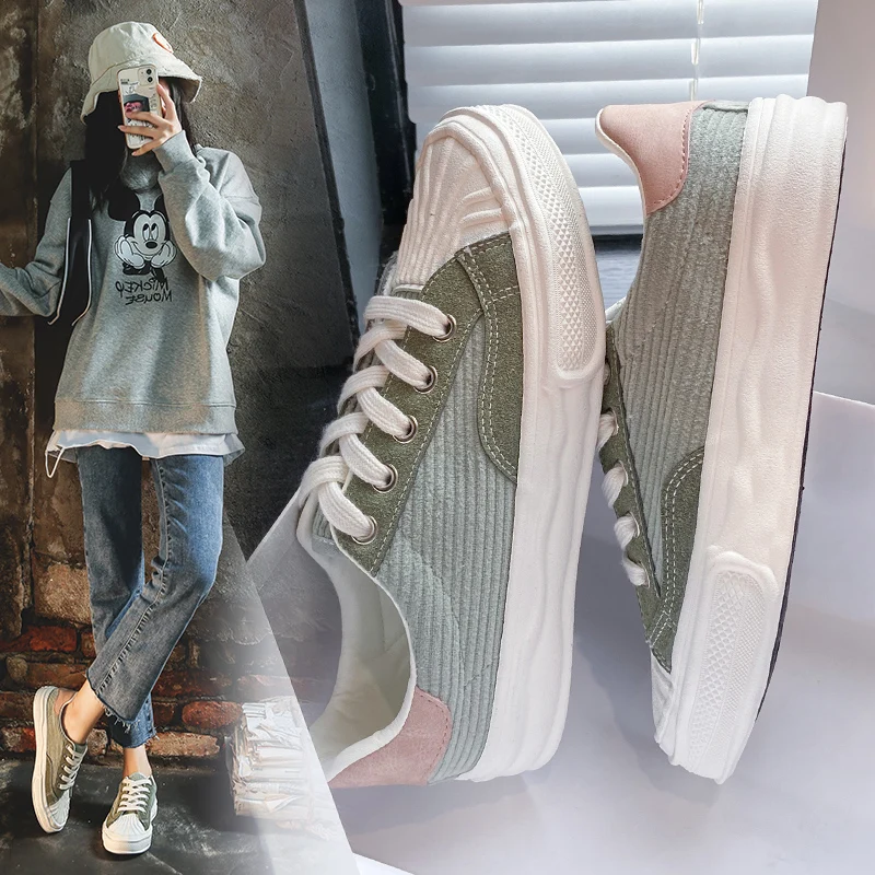 

2021 autumn new breathable Korean corduroy canvas shoes student leisure sports shoes women's net red board shoes