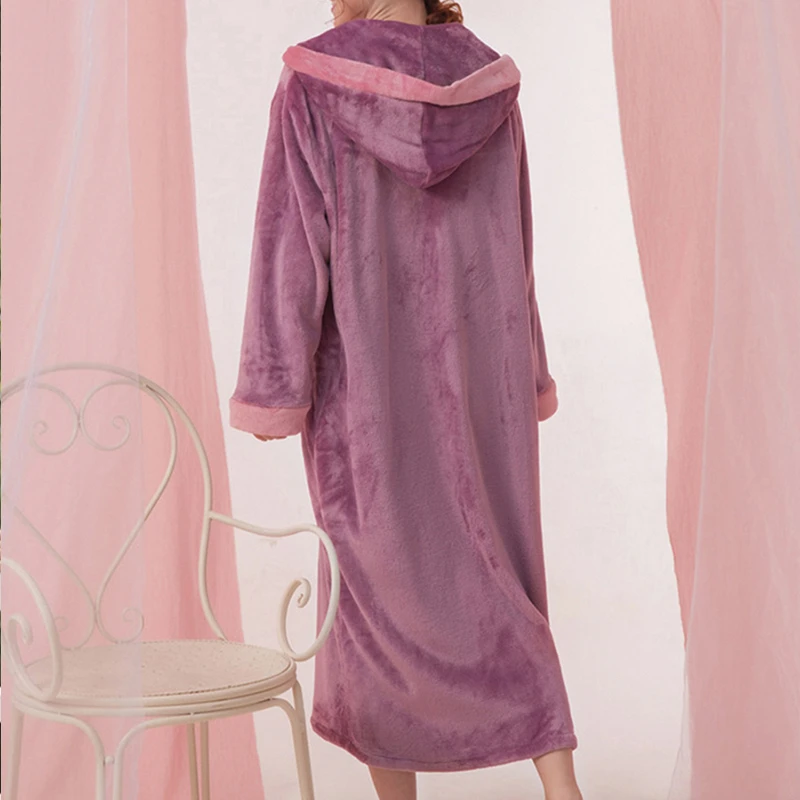 Зимний фланелевый Халат женская теплая Пижама с капюшоном и карманом платье на