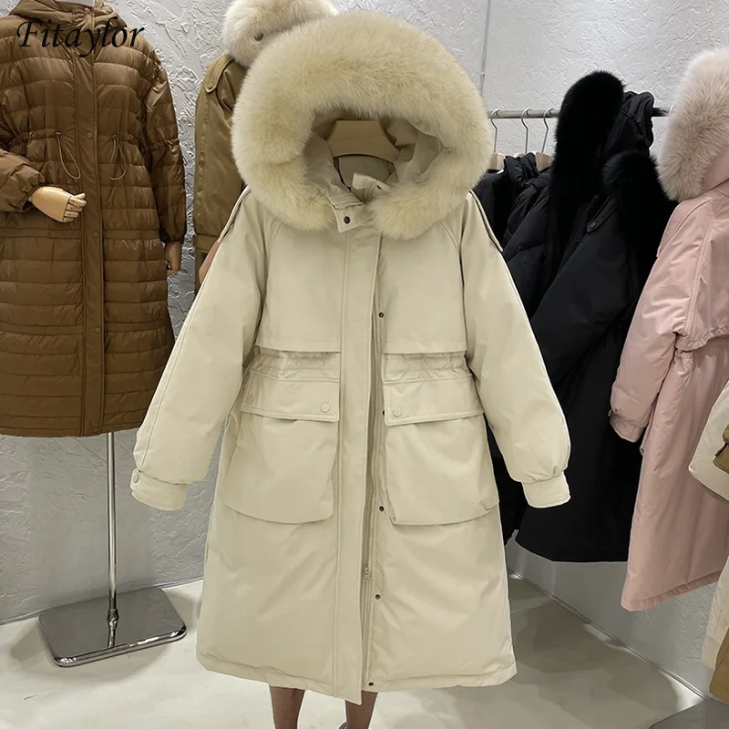 Fitaylor Женское пальто с натуральным мехом енота зимняя куртка на 90% белом утином
