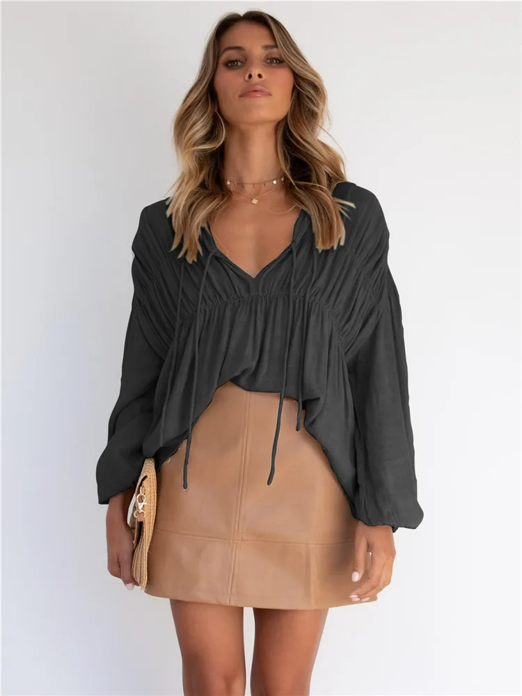 

Women Cute Solid Color Tied-Up V-Neck Long Puff Sleeves T-Shirt Loose Ruffle Top For Spring Autumn