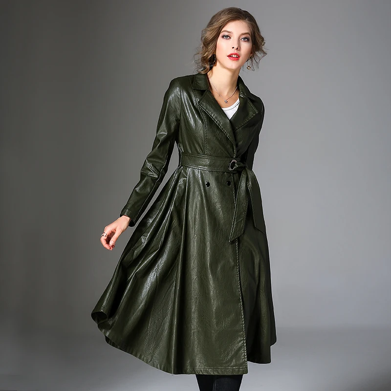HANZANGL кожаная куртка весна осень двубортное Женское пальто куртка модный тонкий Тренч из искусственной кожи Длинная Верхняя одежда - Цвет: 5