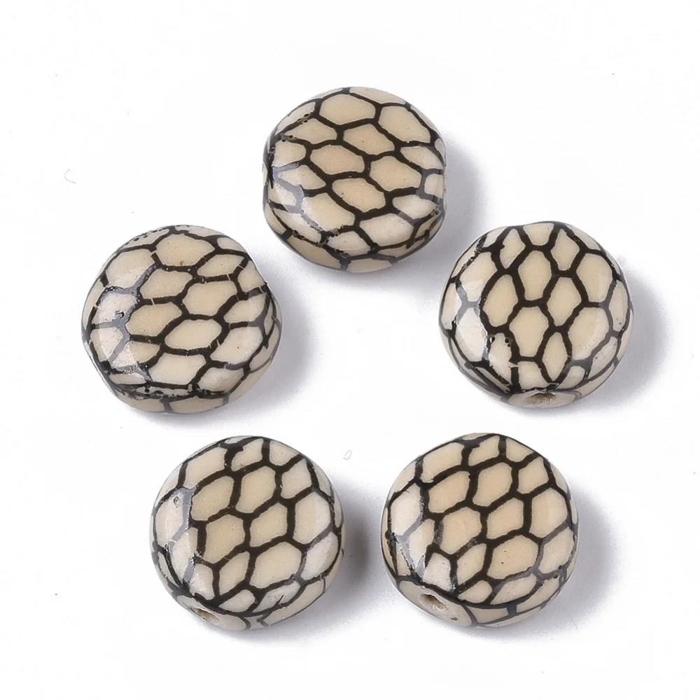 

5pcs Handmade Famille Rose Style Porcelain Beads Imitation Snakeskin Flat Round Beads for Jewelry Making Accessories Wheat Color