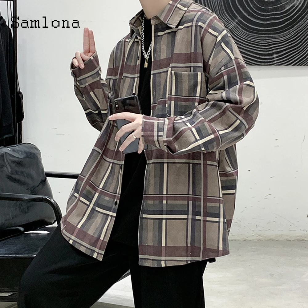 

Fashion Shirt 2020 Autumn Tops Men clothing Elegant Leisure Plaid Print Long Blouse Mens Casual Loose blusas shirt ropa mujer