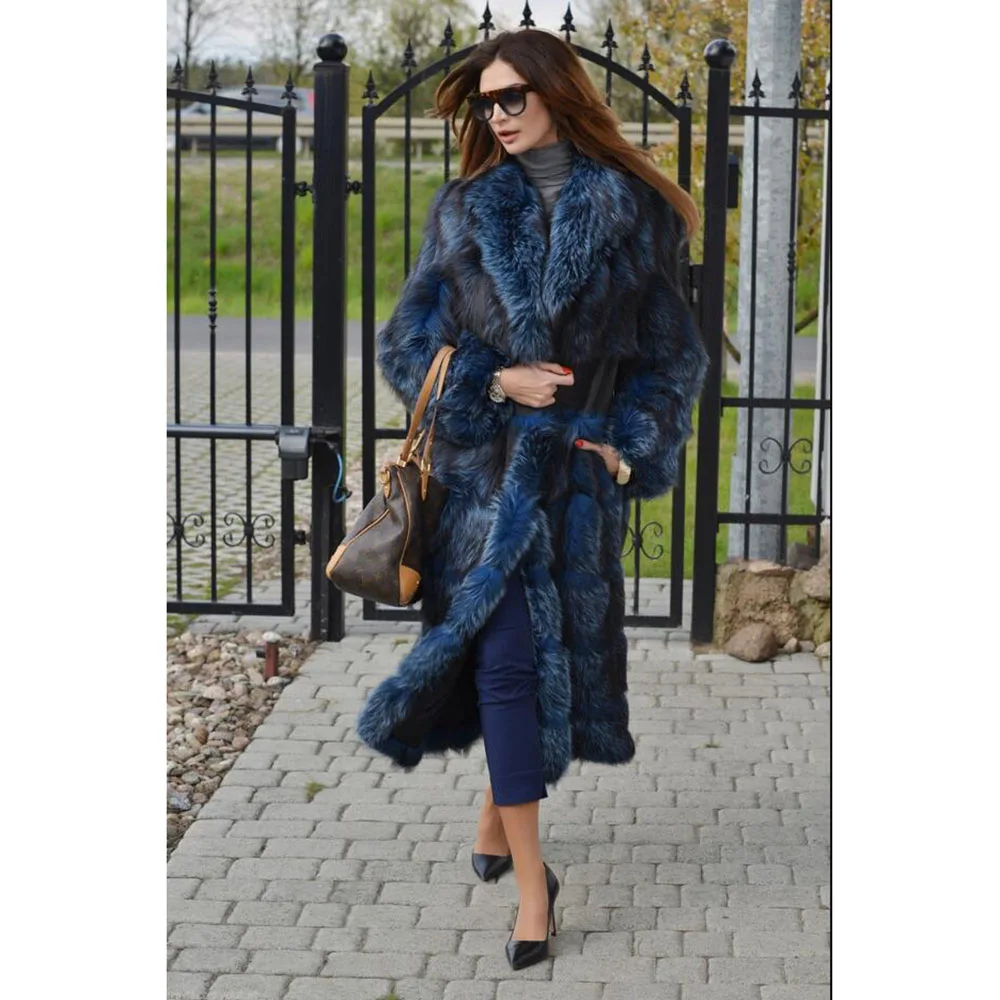 TOPFUR Luxury Real Silver Fox Fur Turn Down Collar Coat Full Pelt Thick Warm Winter Women 100 CM Long Coats Female Outerwear