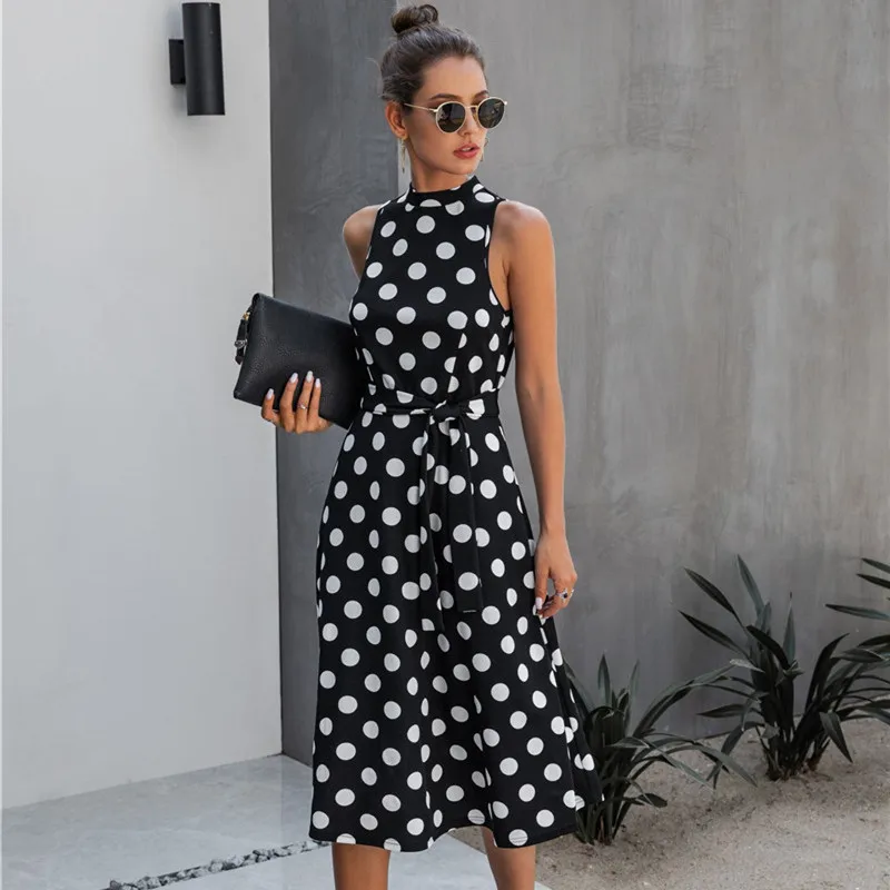 

Plus Size Fashion Women Dot Maxi Dress 2020 Summer Casual O-neck Pockets Slim Tank Dress