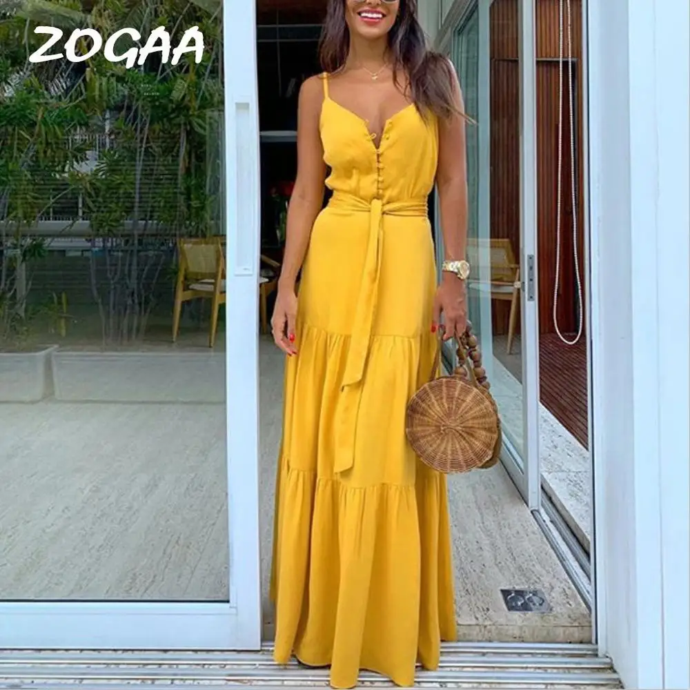 

ZOGAA Women Summer Dress Boho Style Sleeveless Strappy Female Girls Dresses V-neck Bandage Party Beach Dress Feminine Les Robe