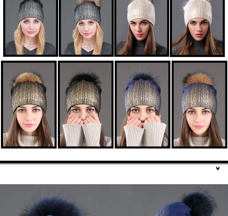 Wuaumx женские зимние шапки Skullies Beanies, шапка для женщин из натурального меха енота, вязаная шерстяная шапка с помпоном, шапка с серебристым и золотистым принтом