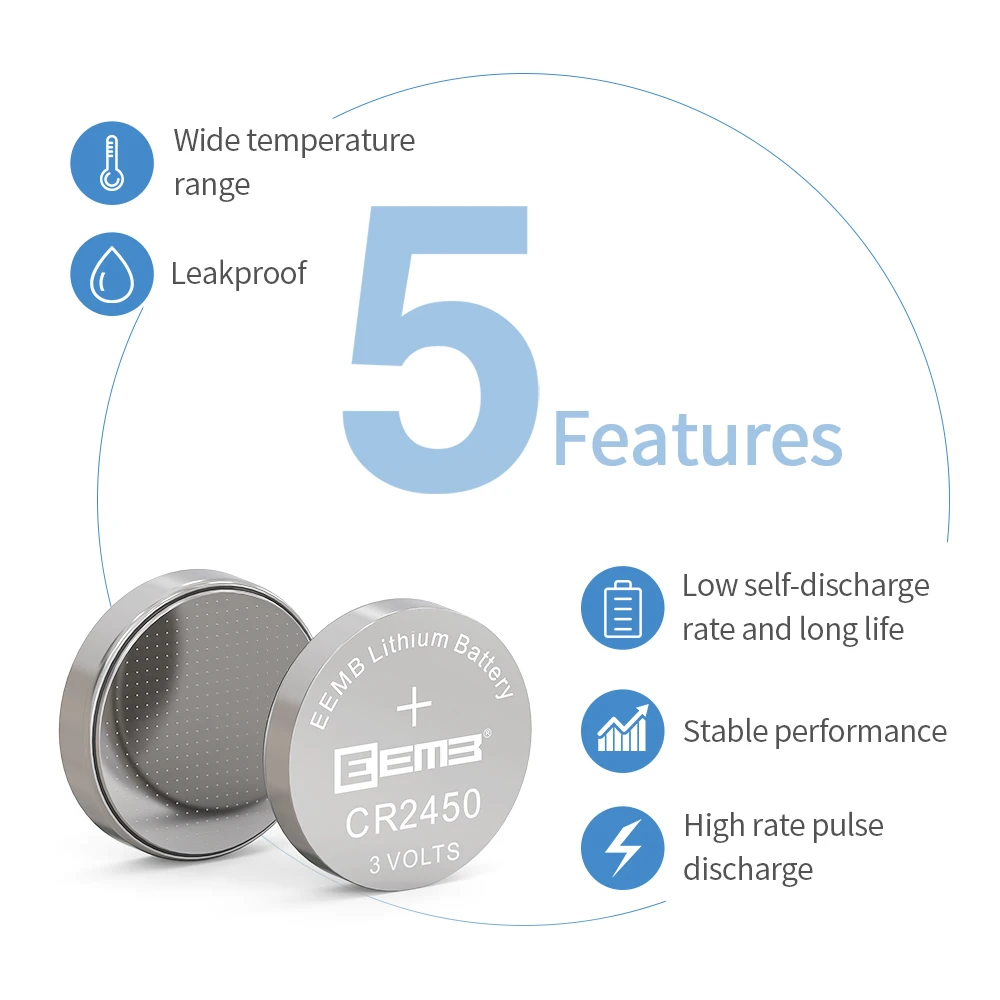 EEMB 5PCS CR2450 Button Battery 2450 3V 550mAh Lithium Coin Cell Batteries for Toy Watch Calculator Remote Car Keys | Электроника
