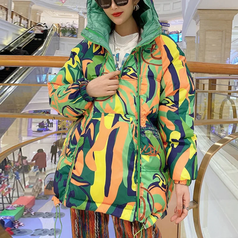 2021 Winter Outfits Women's Jacket Hooded Parka Down Cotton Coat Double Zipper Glossy Padded Jackets Casual Warm Outwear Parkas