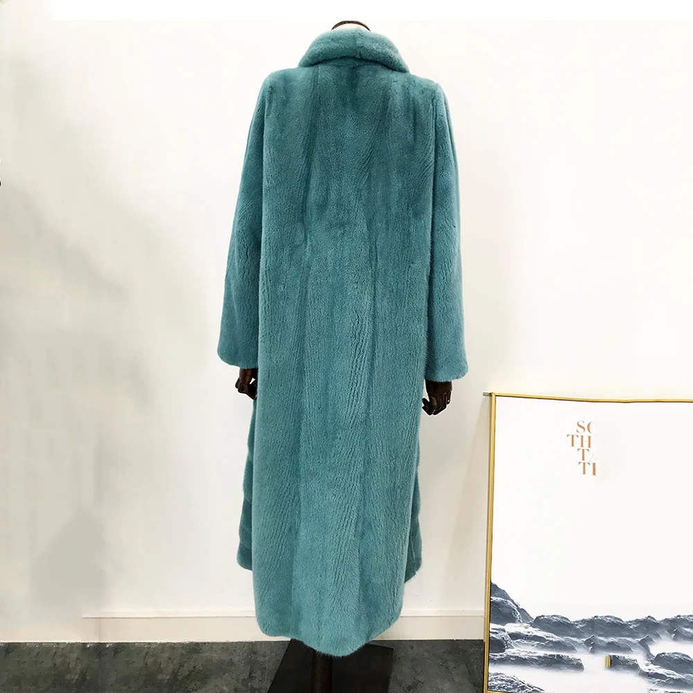 FURSARCAR Real Whole Skin Mink Fur X-Long Coat Luxury Winter Solid Color Warm Jacket Female Mink Fur Turn-down Collar Outerwear
