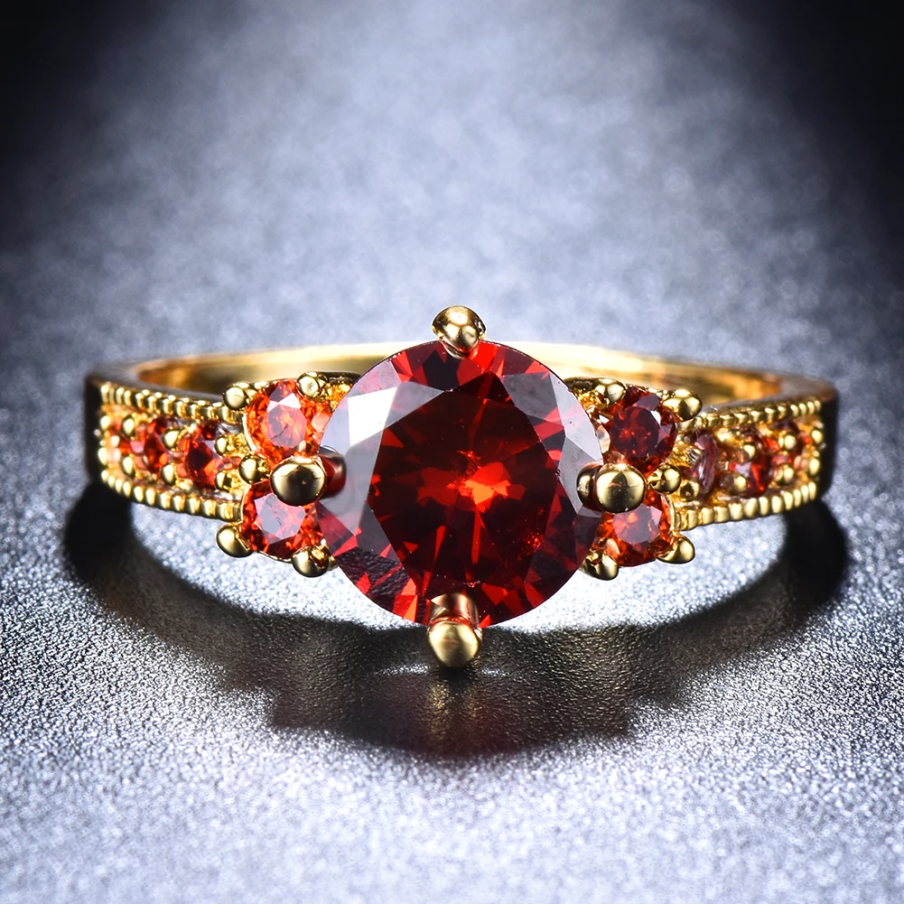 

Vintage Female Red Crystal Stone Ring Charm Gold Color Thin Wedding Rings For Women Luxury Round Zircon Engagement Ring