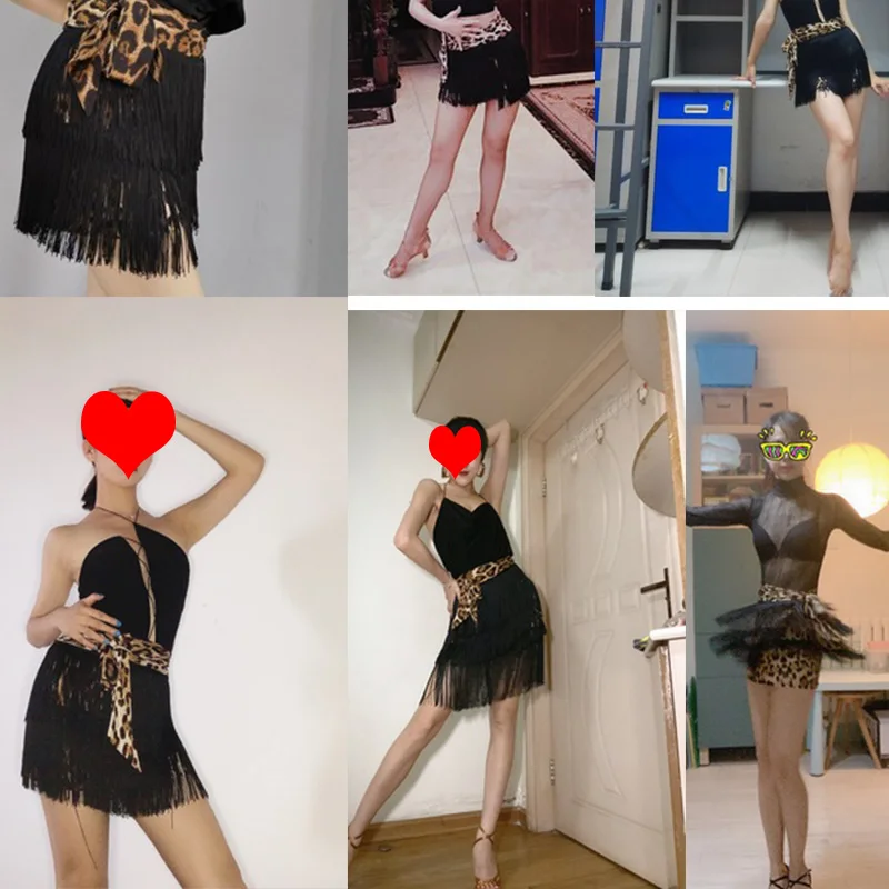 Юбка женская для латинских танцев леопардовая двойная юбка с бахромой одежда