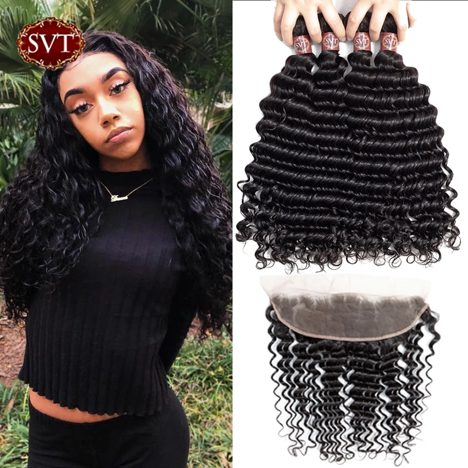 Пучки волос SVT с глубокой волной пучки фронтальной бразильской пупряди нереми