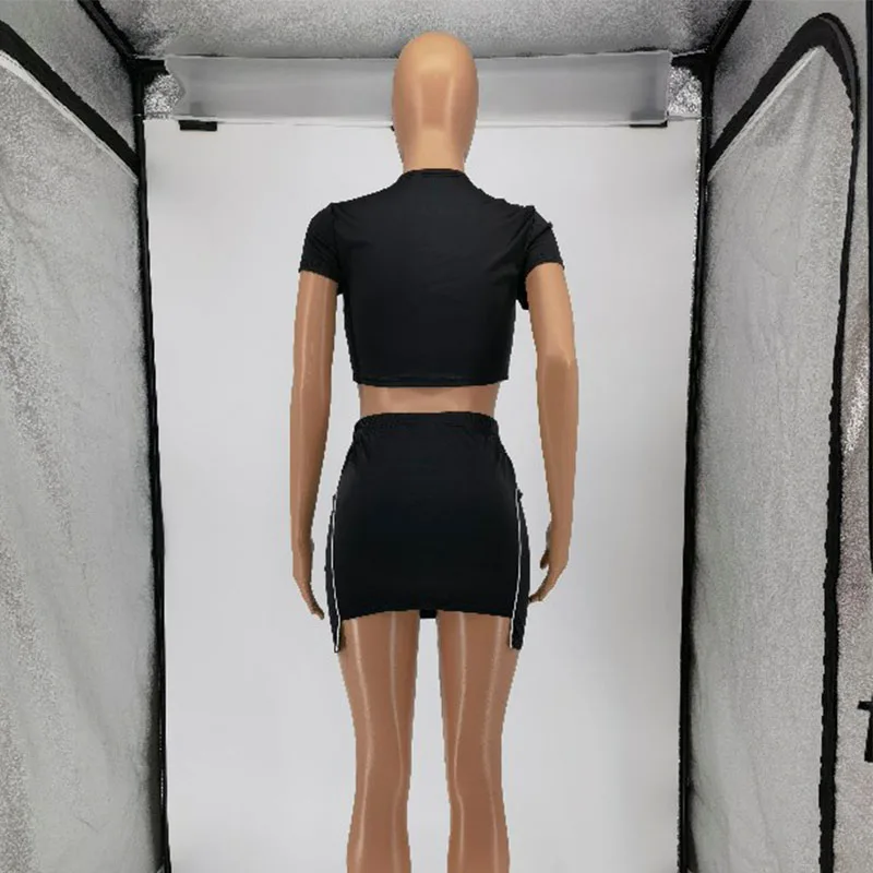 

Women Fashion 2pcs Dress Set Solid Short Sleeve T Shirts And Strings Print Irregular Mini Skirt Lace Up Drawstring Club Bodycon