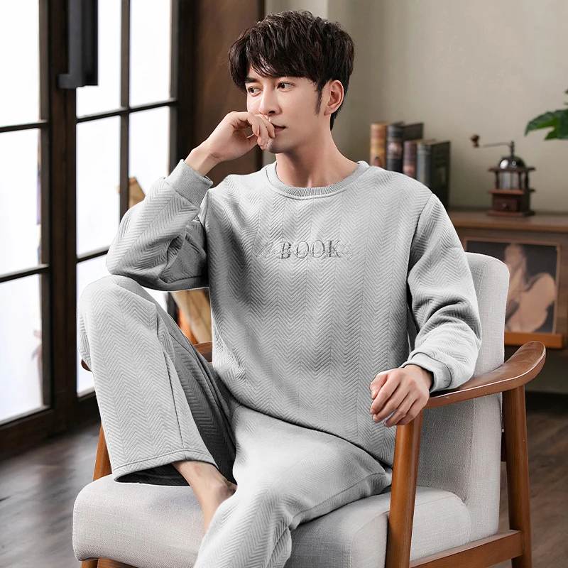 

Men Winter O-Neck Pajamas Thin 3 Layers Quilted Sleepwear Men Long Sleeve Home Clothes Plus Size 3XL Pijama Hombre Pyjamas Male