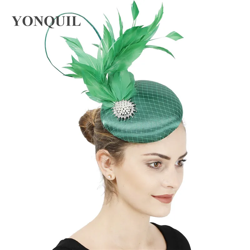 

Bridal Wedding Headpiece With Feathers Nice Quality Satin Hair Fascinator Hat Evening Party Formal Ladies Headpieces Mesh Hat