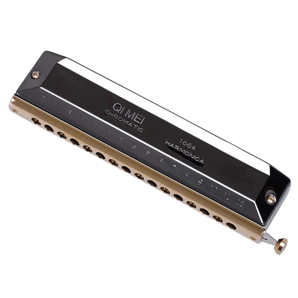 Qimei Chromatic Harmonica 16 Hole 64 Tone Mouth Organ Black Silver Golden Key C Professional Musical Instruments ABS Comb QM1664