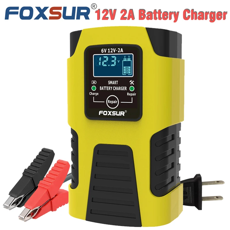 

FOXSUR 12V 2A Car Battery Charger,6V 2A Automatic Smart Lead Acid GEL AGM Wet Calcium Deep Cycle Pulse Repair Motorcycle Charger