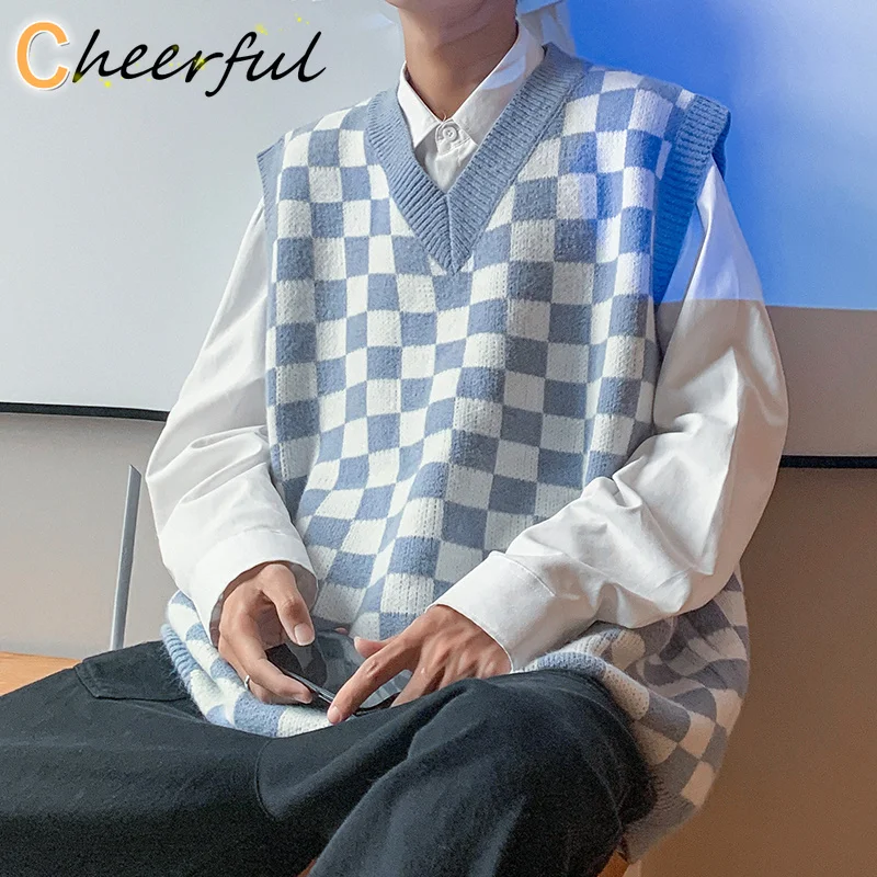 

Осенне-зимний клетчатый жилет, мужской теплый Модный повседневный трикотажный пуловер, мужской Корейский свободный свитер без рукавов, муж...