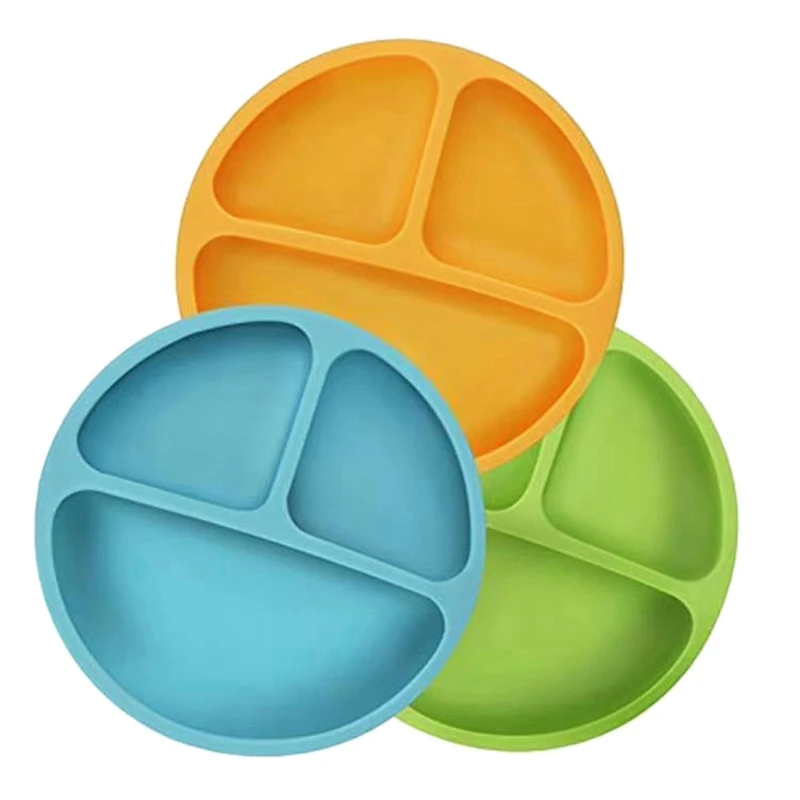 

Silicone Children's Bowl with Suction Cup, Suction Cup Anti-Overturning Baby Feeding Plate 3 Yellow, Green and Blue