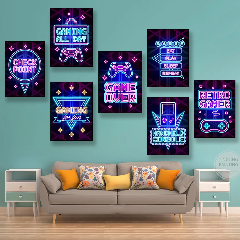 

EAT GAME SLEEP REPEAT Wall Art Prints Neon Colorful Posters Living Room Game Room Lounge Cafe Home Decoration Canvas Painting