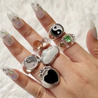 3pcsset punk vintage silver color yin yang love crown cloud chunky rings for women fashion crystal clear acrylic ring jewelry