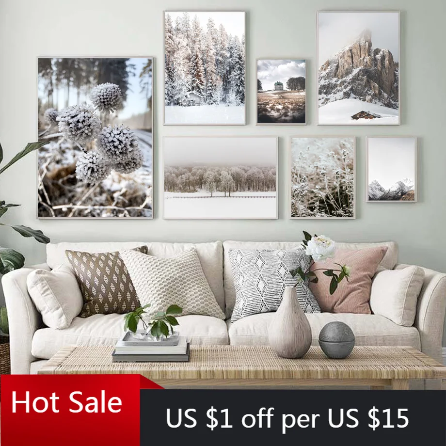 Настенная Картина на холсте Зимний лес сосновые растения Снежная гора