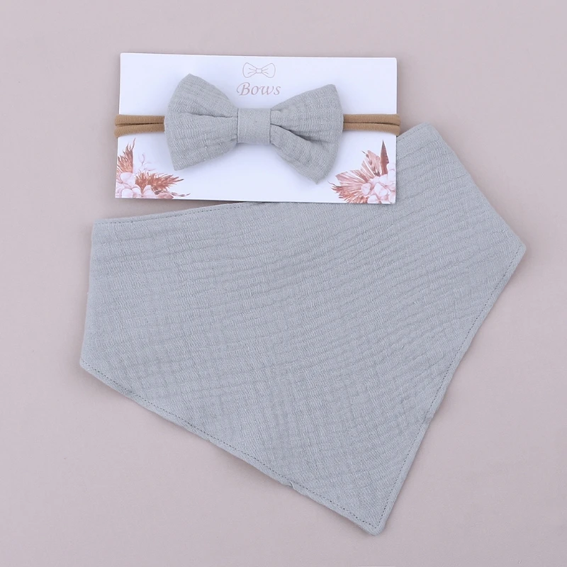 

New Baby Girls Elastic Bow Headband Saliva Towel Set Newborn Toddler Bowknot Hair Band Bib Kit Pure Cotton Solid Color Bandana
