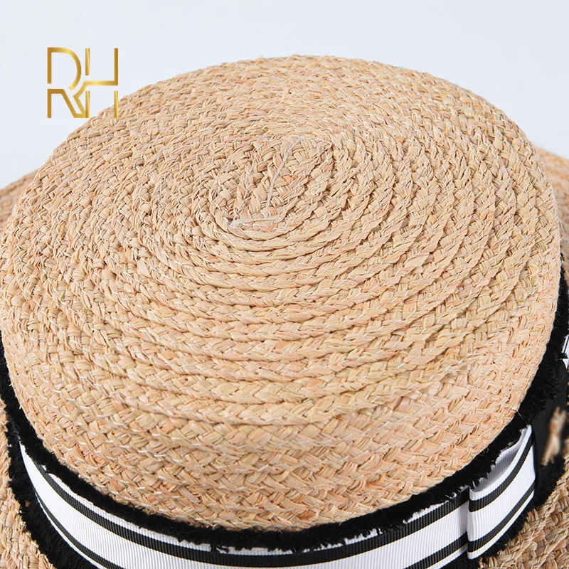 RH женские летние Козырьки с бантом соломенная шляпа из рафии плоским верхом