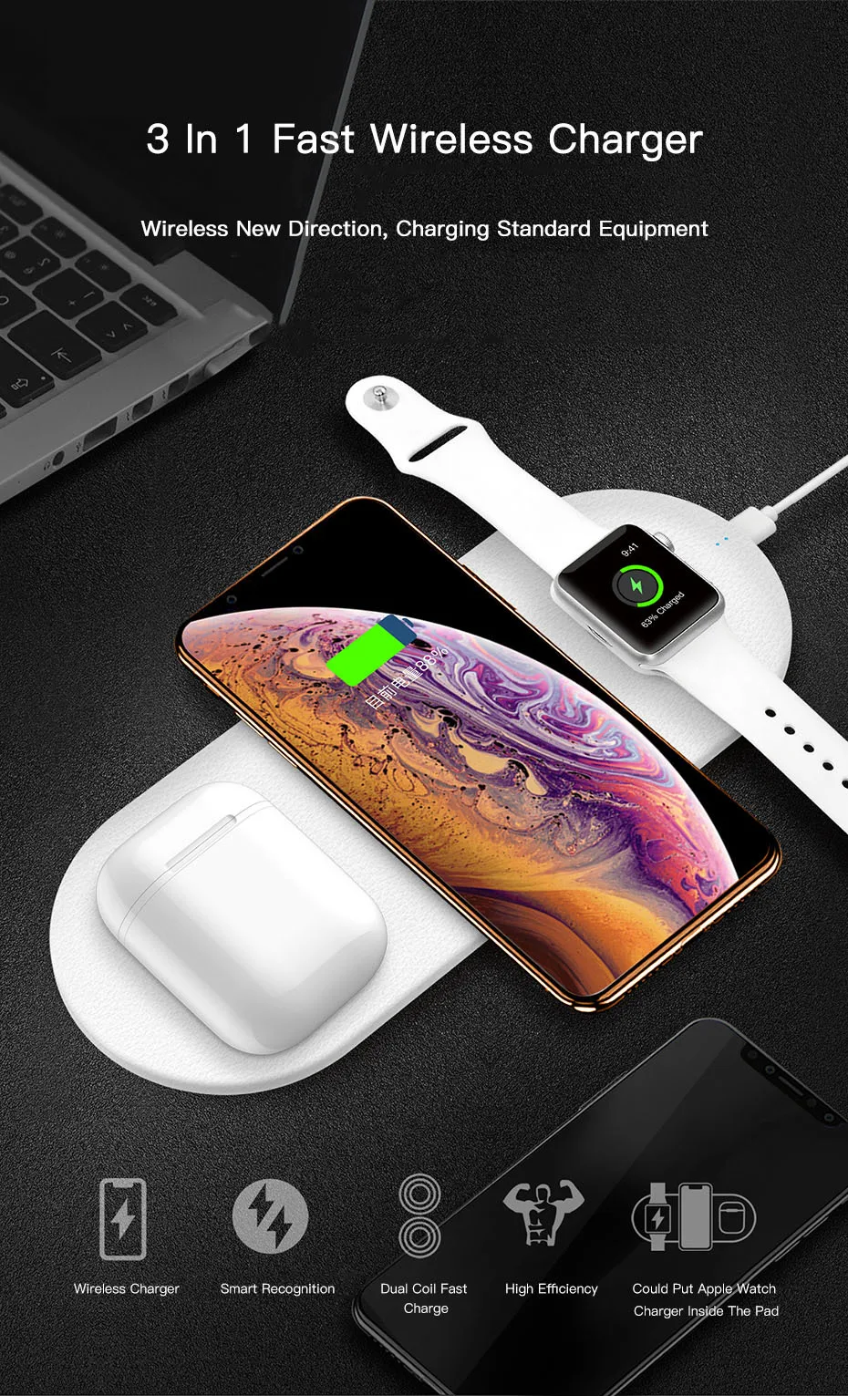 3 в 1 Qi Смарт Беспроводное зарядное утройство для телефона Pad для iPhone 11 Pro XS Max XR X 8 для Apple Watch AirPods Быстрая Зарядка Док-станция