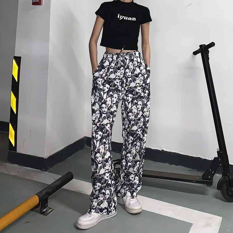 

2021 Women's Sports Pants Spring New Streetwear Straight High Waist Trouser Baggy Vintage Trend Printing Casual Wide Leg Pants