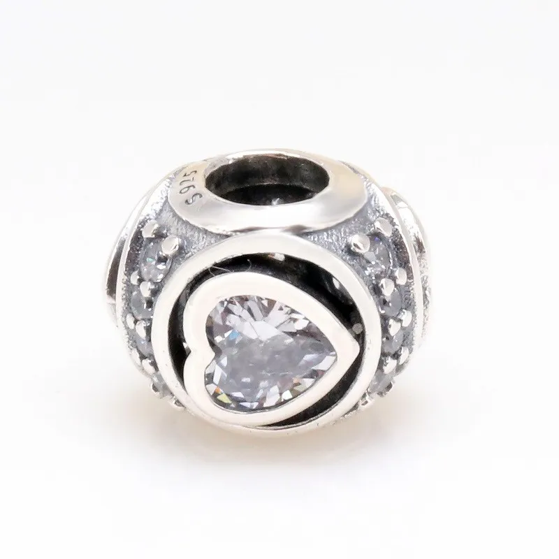 

100% 925 Sterling Silver Bead New Heart With Crystal Beads Fit Pandora Women Bracelet & Necklace Diy Jewelry