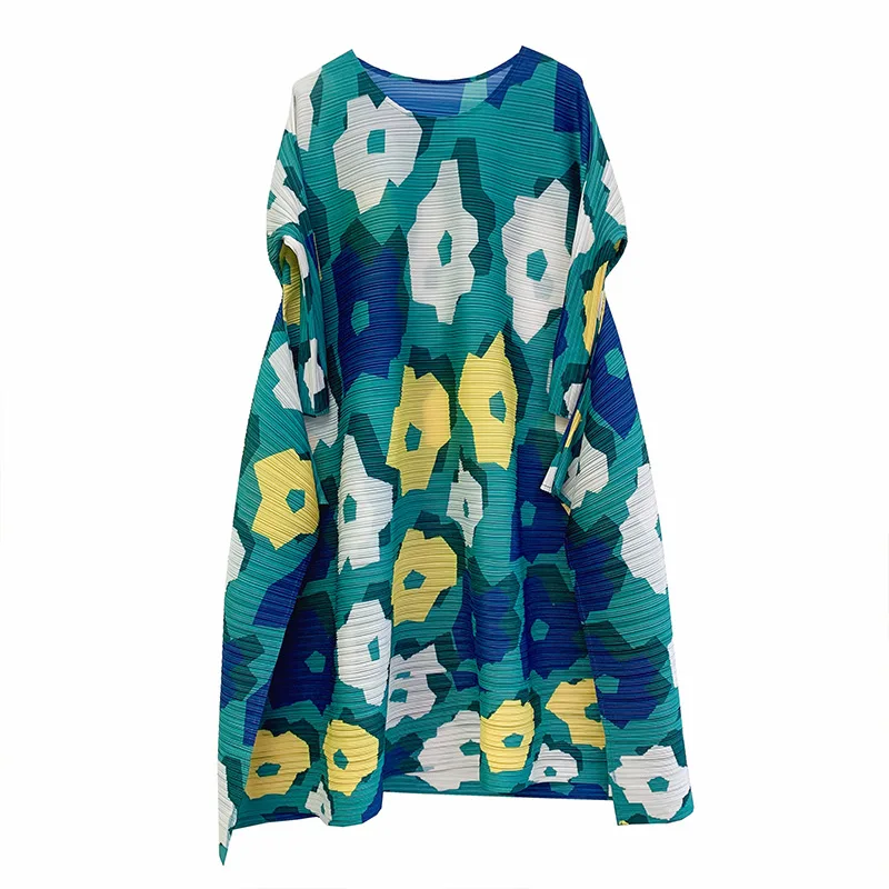 

LANMREM Women Dress Printing Round Neck A-line Green Plus Size Temperament Loose Fit Pleated Fashion Tide Summer 2021 2H252